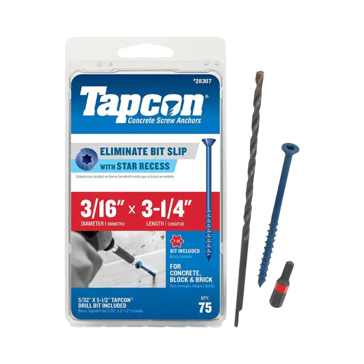 Go Build 3/16 in. x 3-1/4 in. Star Flat-Head Concrete Anchors pack shown with blue screws, drill bit, and bit holder—75 count for concrete, block & brick. The Fastest Way To Build, ideal masonry fasteners that help prevent bit slip.